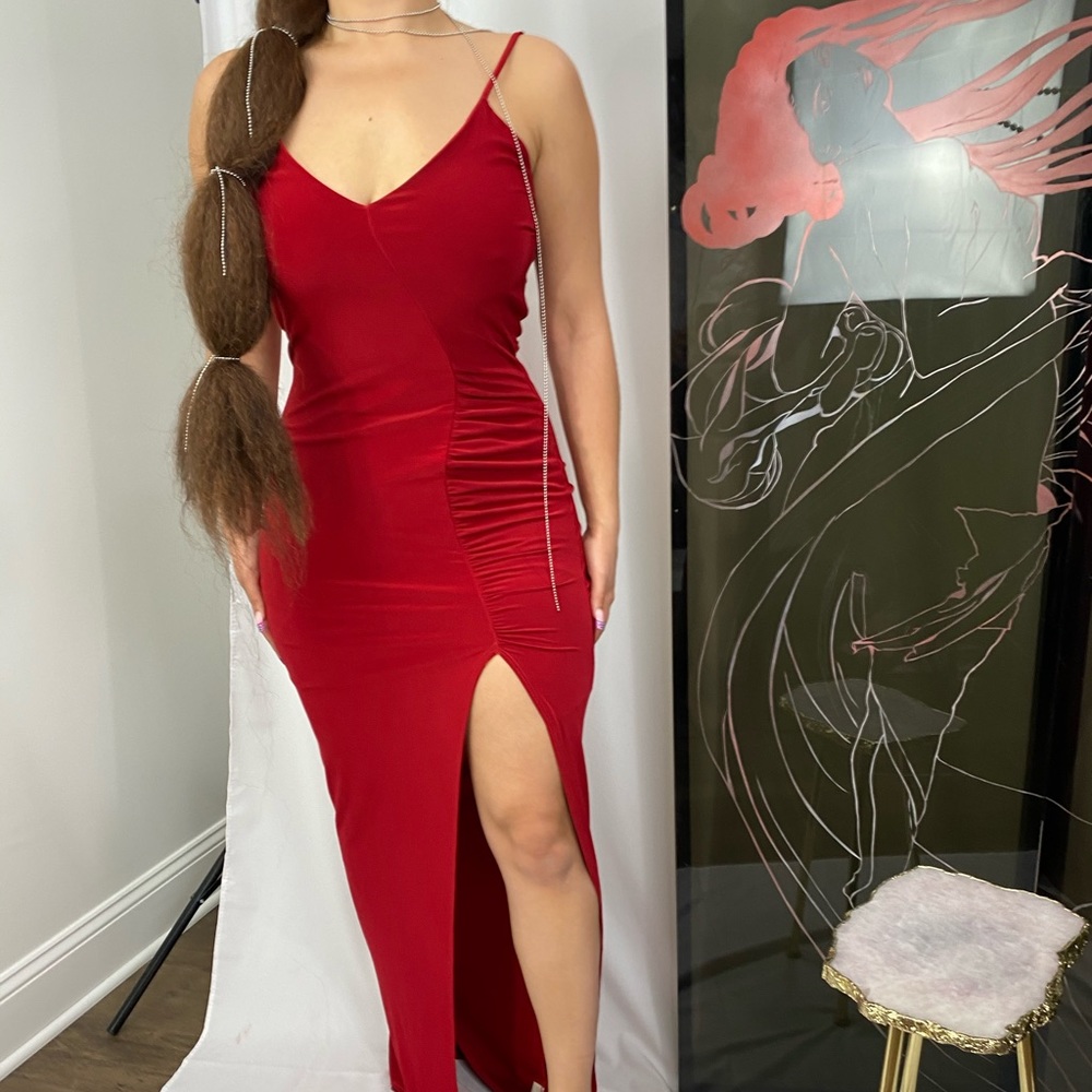 pretty and elegant red maxi slit dress from fashion nova